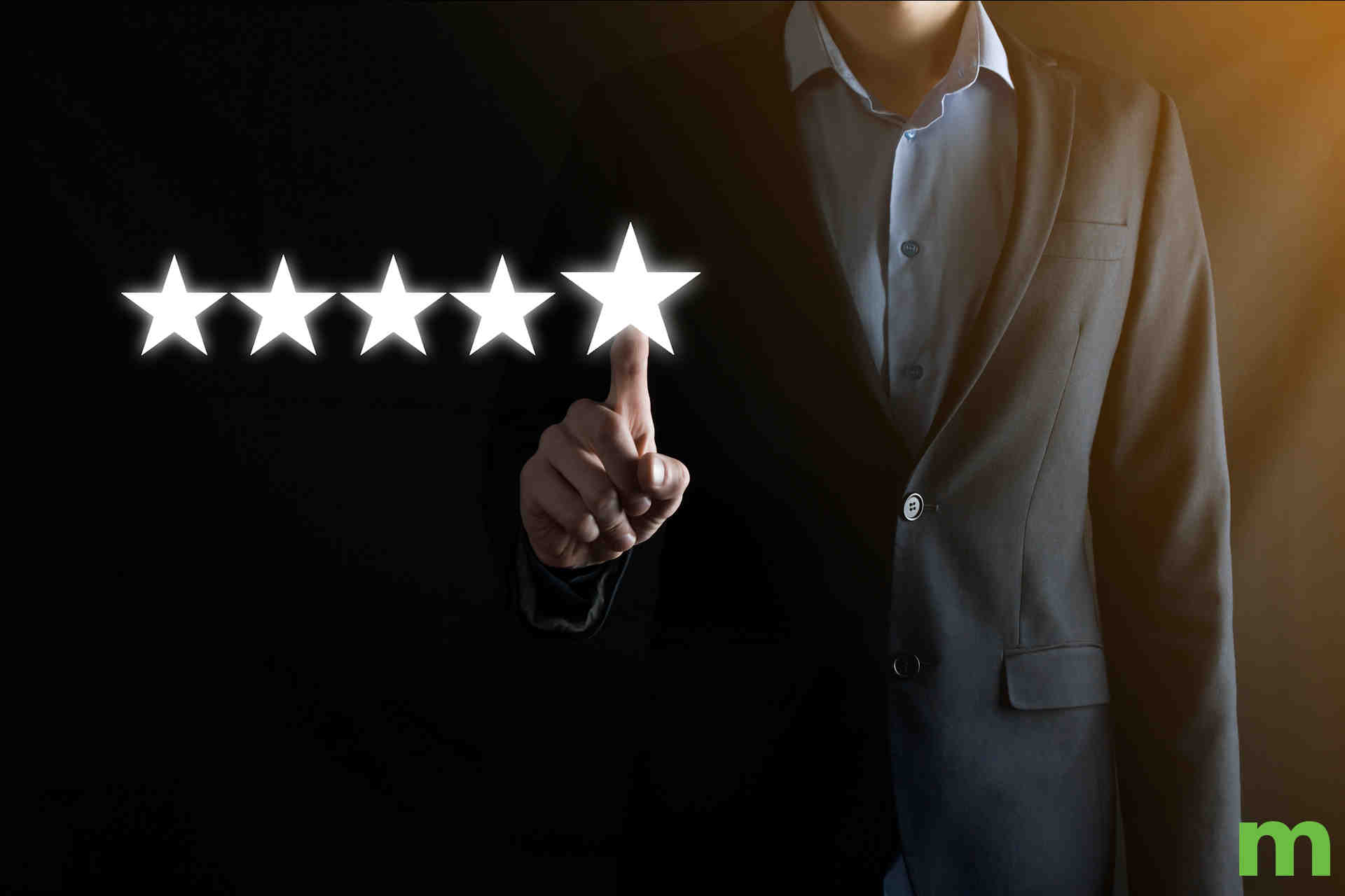 Smiling customers sharing positive online reviews and five-star ratings on an e-commerce platform.